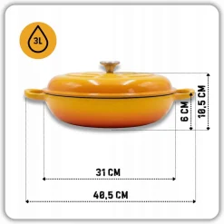 EMALIOWANY GARNEK ŻELIWNY PŁASKI 30cm 3L HAGE MUSZTARDOWY