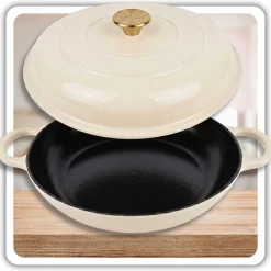 EMALIOWANY GARNEK ŻELIWNY PŁASKI 30cm 3L HAGE CREAM