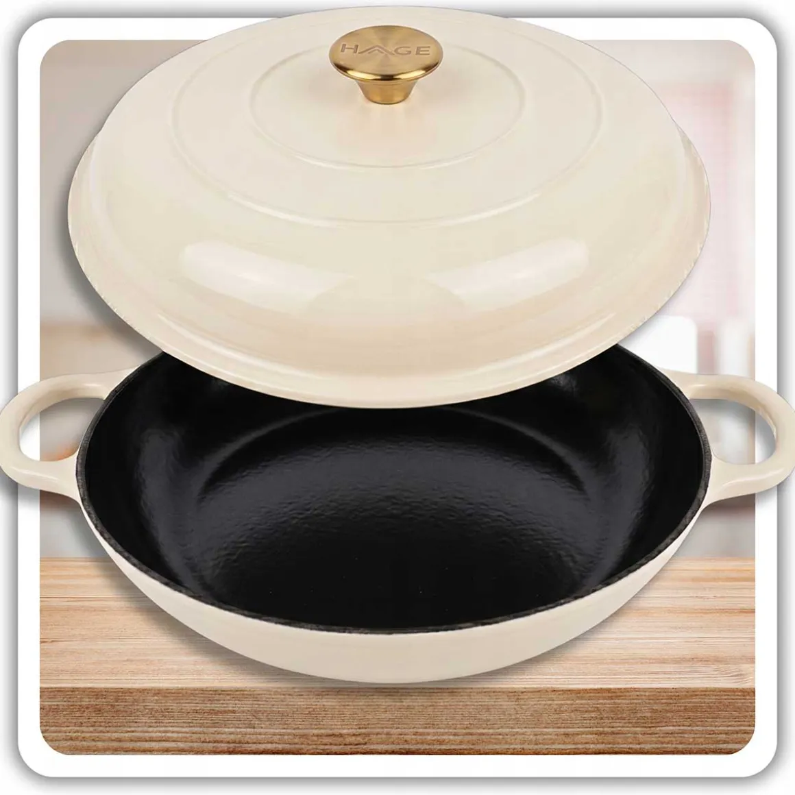 EMALIOWANY GARNEK ŻELIWNY PŁASKI 30cm 3L HAGE CREAM