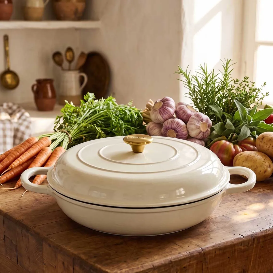 EMALIOWANY GARNEK ŻELIWNY PŁASKI 30cm 3L HAGE CREAM