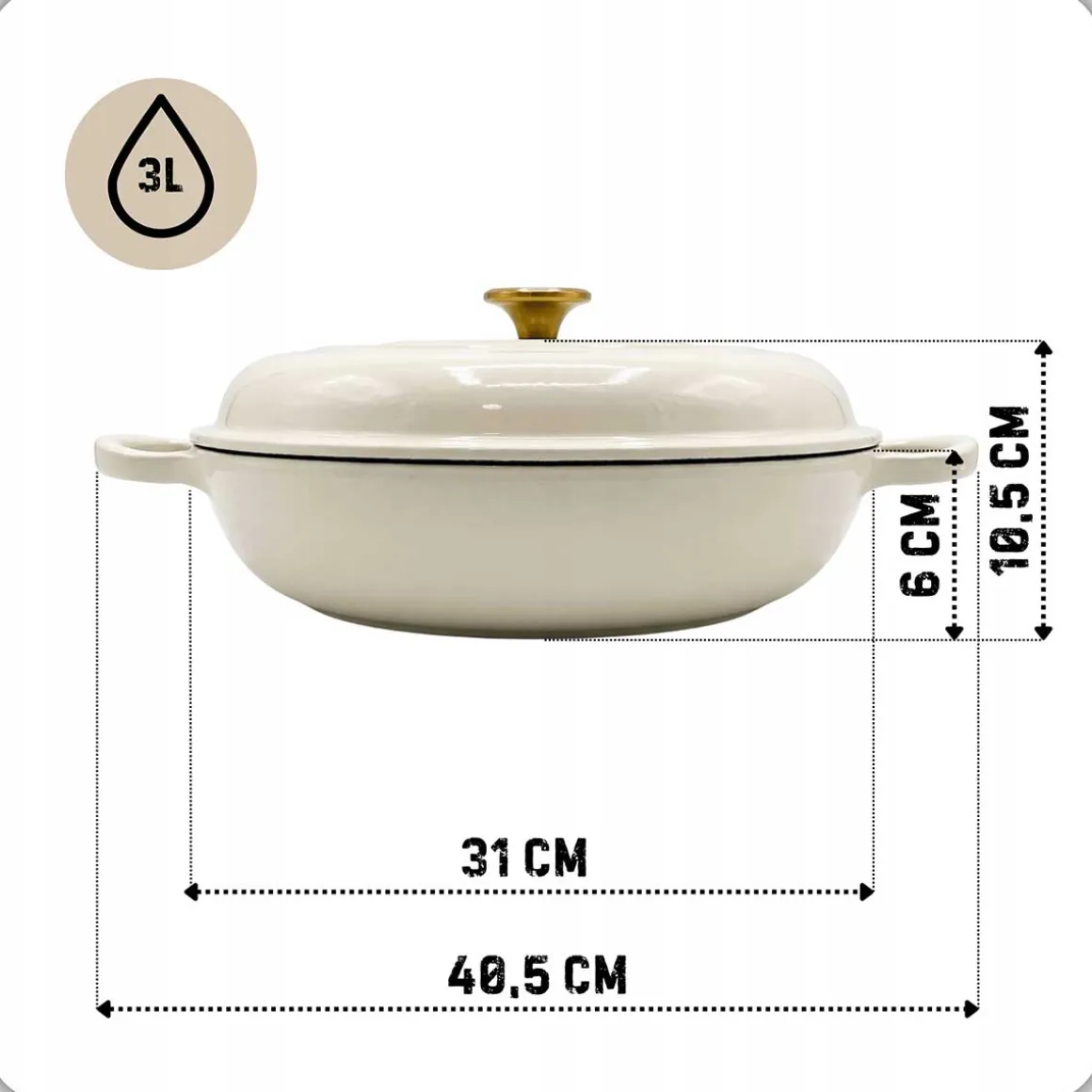 EMALIOWANY GARNEK ŻELIWNY PŁASKI 30cm 3L HAGE CREAM