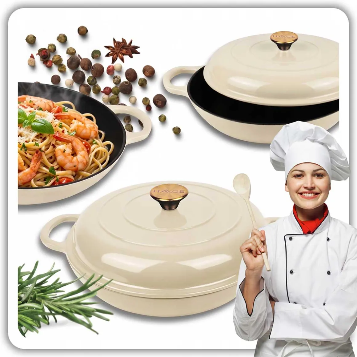 EMALIOWANY GARNEK ŻELIWNY PŁASKI 30cm 3L HAGE CREAM