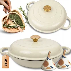 EMALIOWANY GARNEK ŻELIWNY PŁASKI 30cm 3L HAGE CREAM