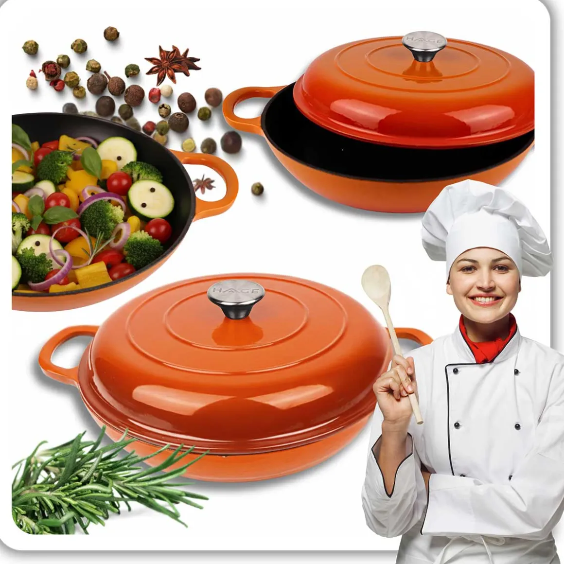 EMALIOWANY GARNEK ŻELIWNY PŁASKI 30cm 3L HAGE ORANGE