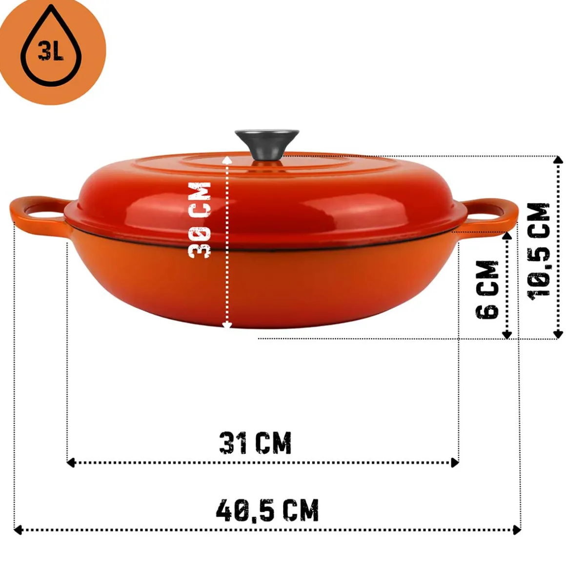 EMALIOWANY GARNEK ŻELIWNY PŁASKI 30cm 3L HAGE ORANGE