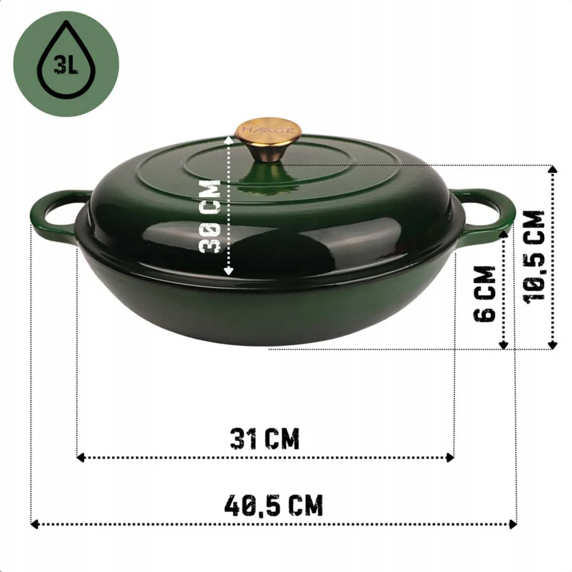 EMALIOWANY GARNEK ŻELIWNY PŁASKI 30cm 3L HAGE ZIELONY