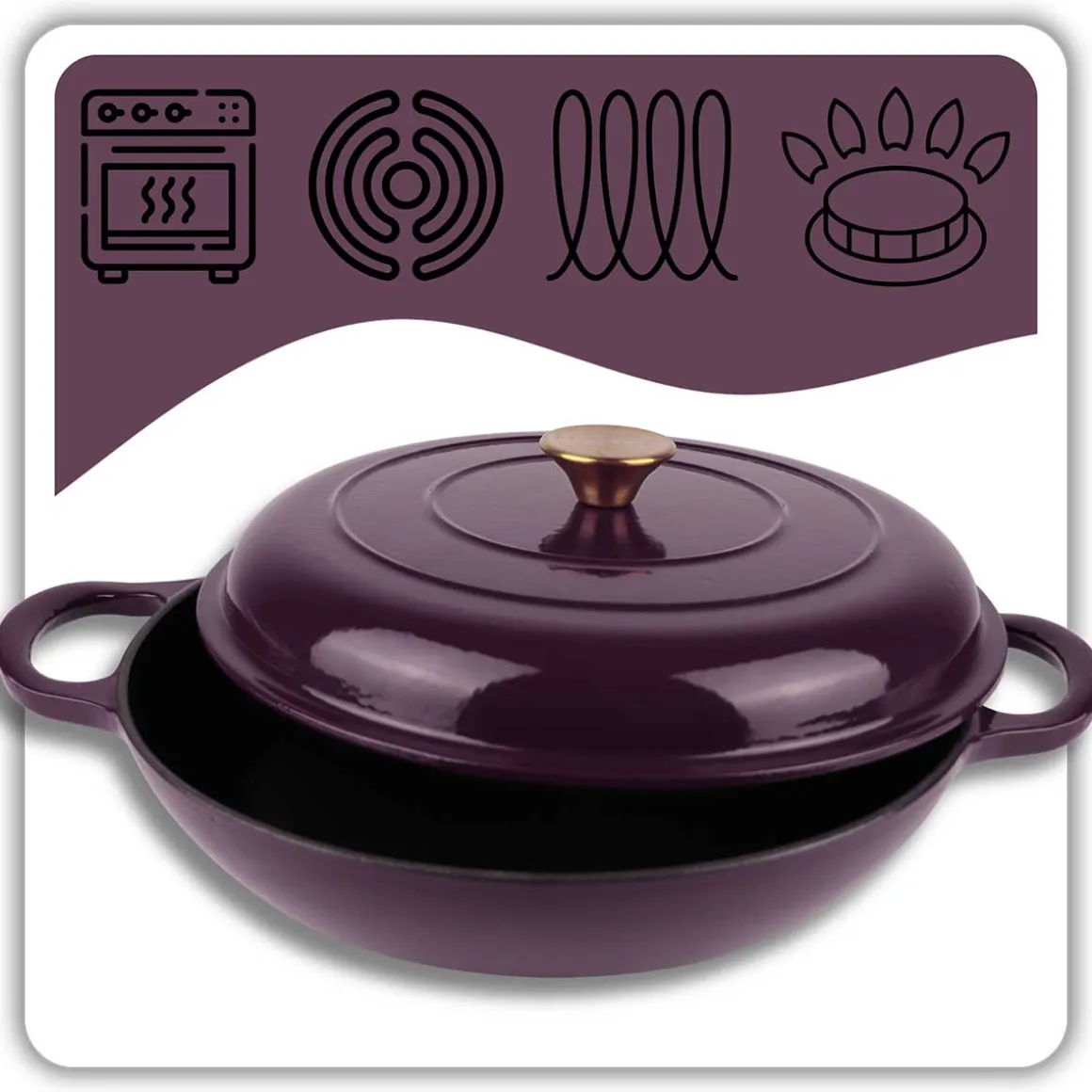 EMALIOWANY GARNEK ŻELIWNY PŁASKI 30cm 3L HAGE EGGPLANT