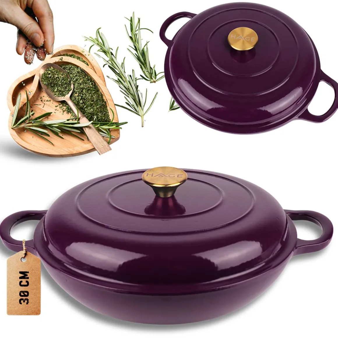 EMALIOWANY GARNEK ŻELIWNY PŁASKI 30cm 3L HAGE EGGPLANT