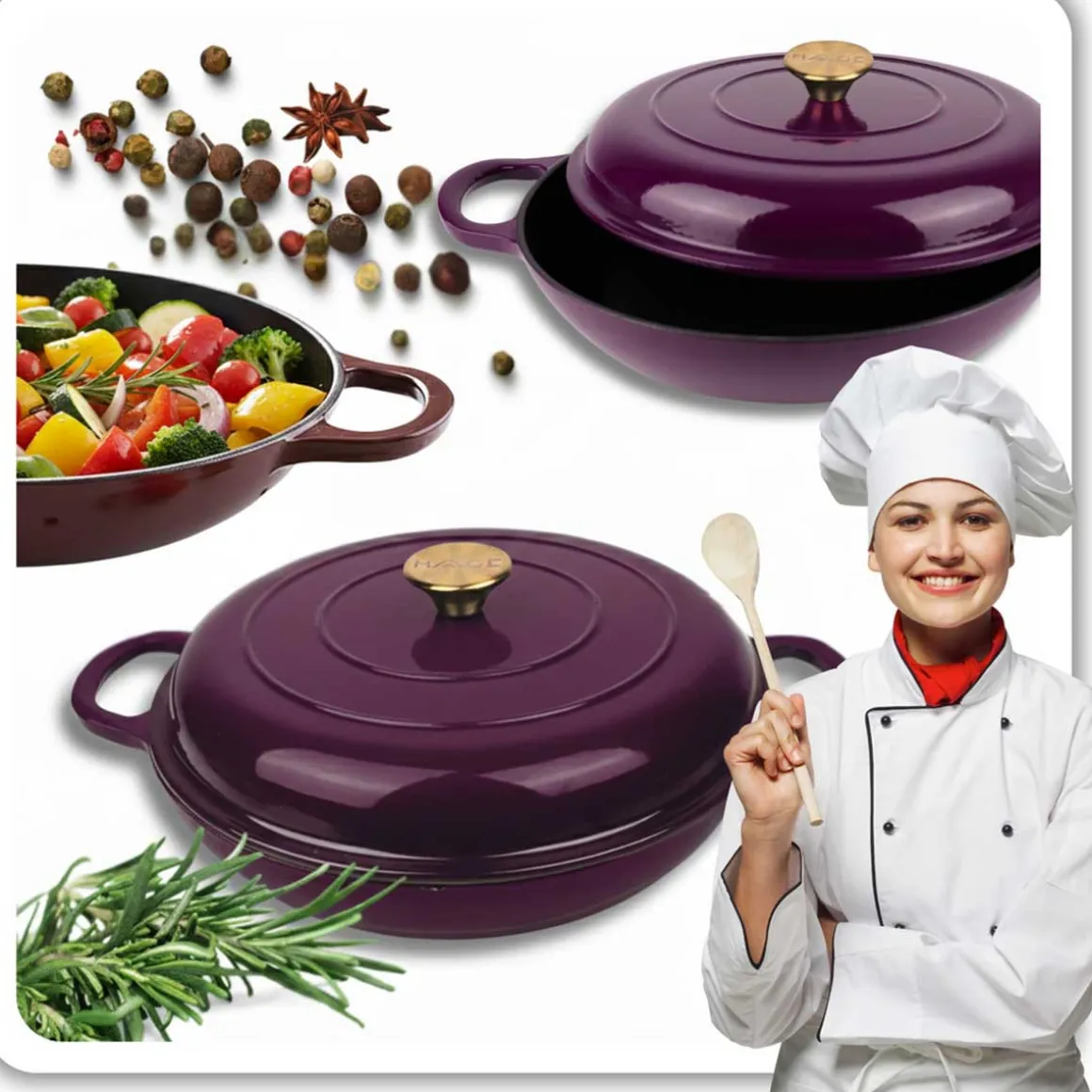 EMALIOWANY GARNEK ŻELIWNY PŁASKI 30cm 3L HAGE EGGPLANT