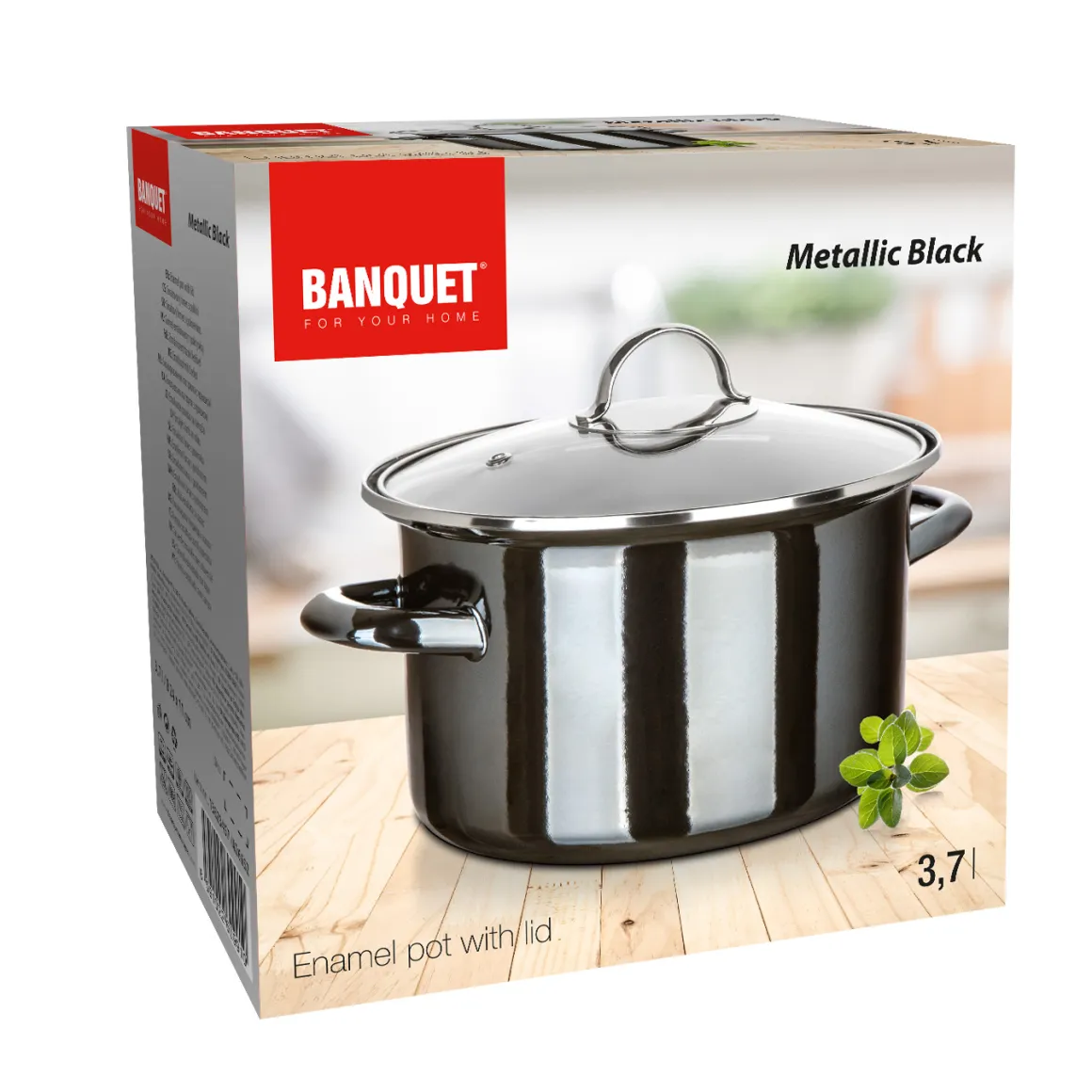 GARNEK EMALIOWANY 22cm 3,7L Z POKRYWĄ BANQUET METALLIC BLACK