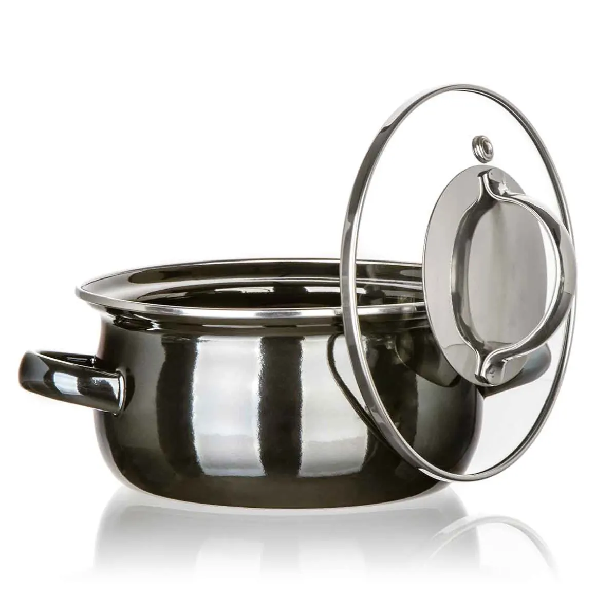 GARNEK EMALIOWANY 14cm Z POKRYWĄ BANQUET METALLIC BLACK 0,7L