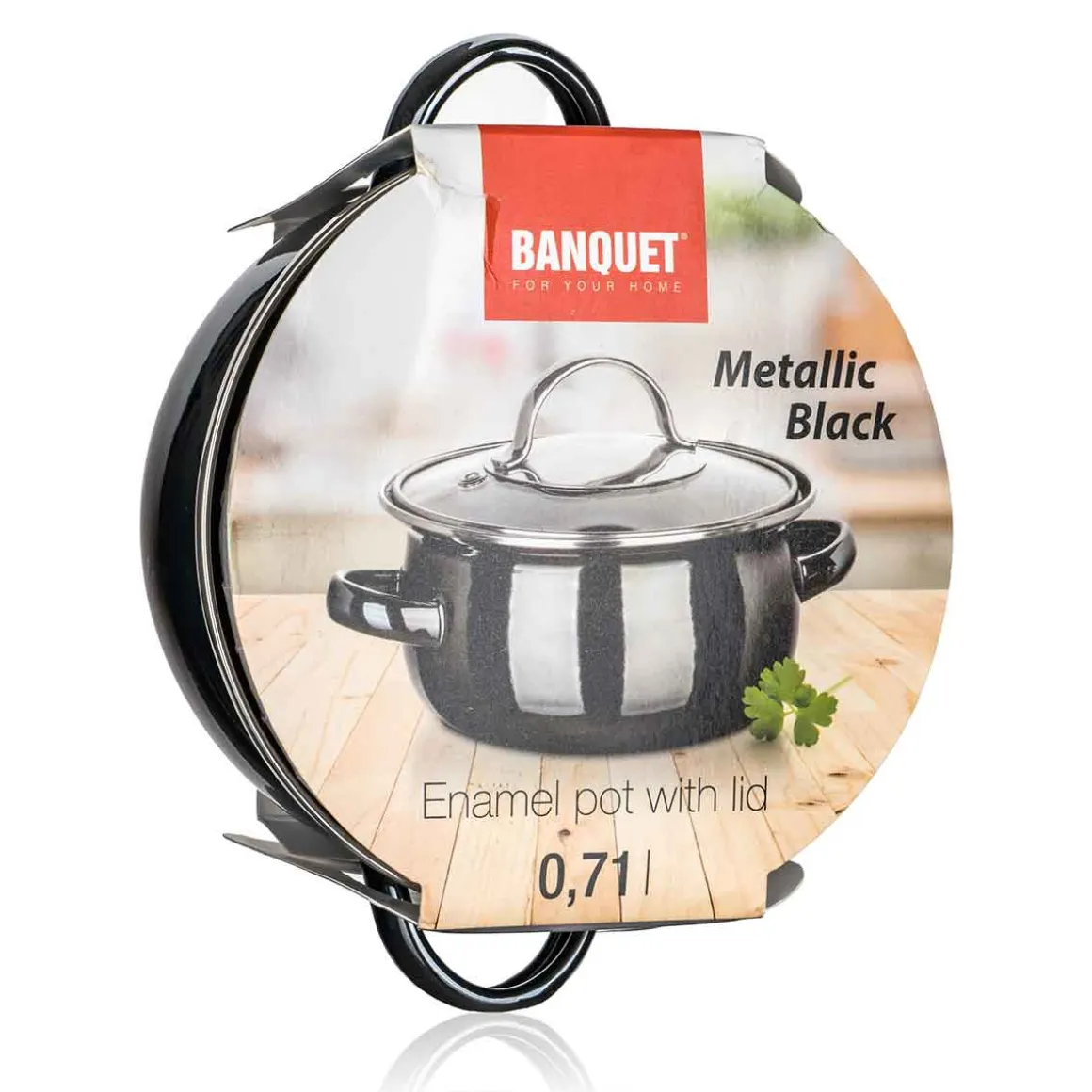 GARNEK EMALIOWANY 14cm Z POKRYWĄ BANQUET METALLIC BLACK 0,7L