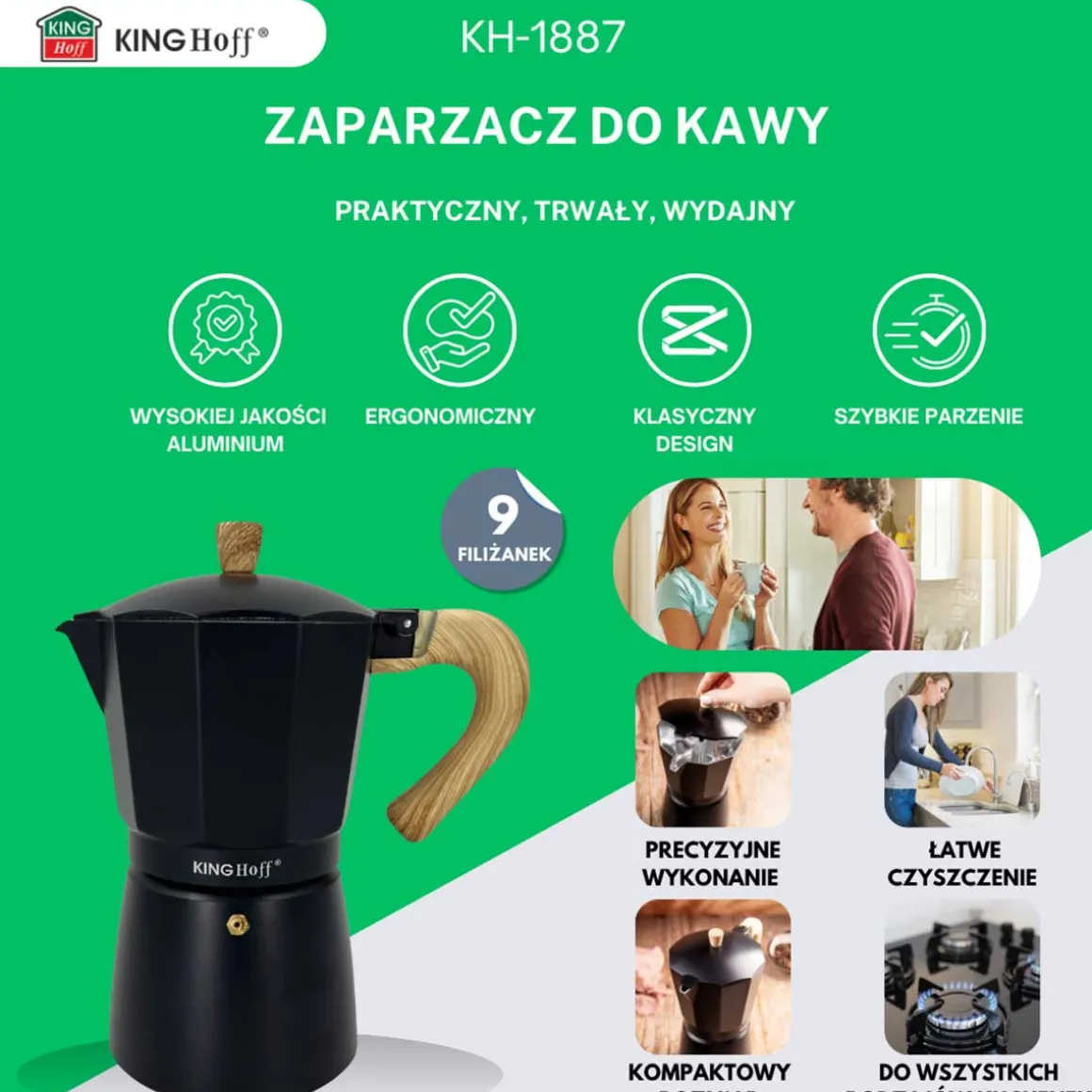 KAWIARKA ZAPARZACZ DO KAWY 450ml KINGHOFF KH-1887 INDUKCJA
