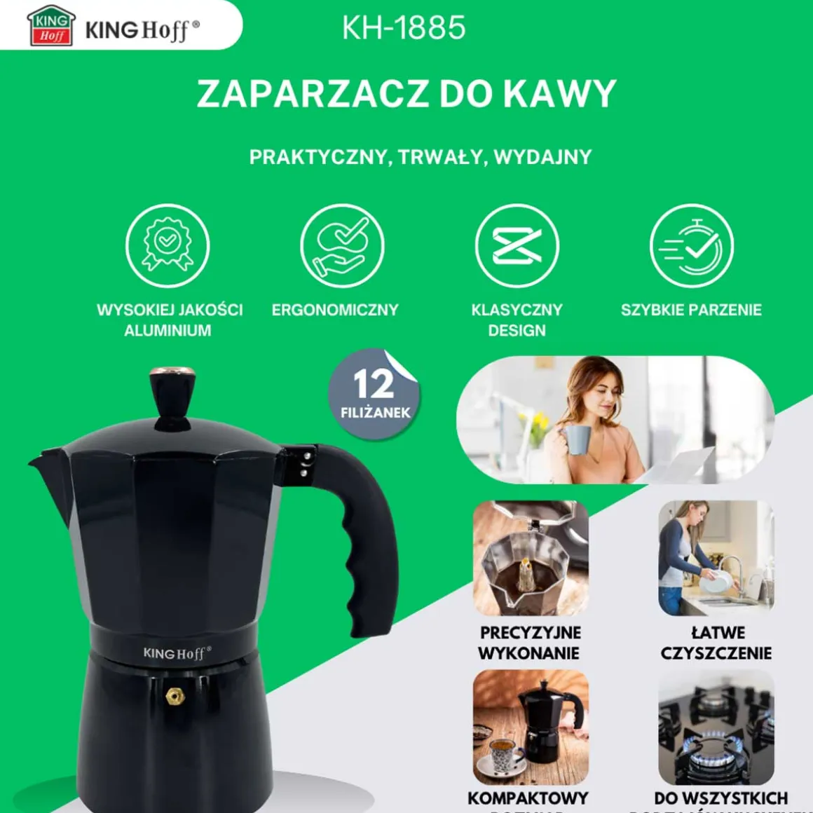 KAWIARKA ZAPARZACZ DO KAWY 600ml KINGHOFF KH-1885 INDUKCJA