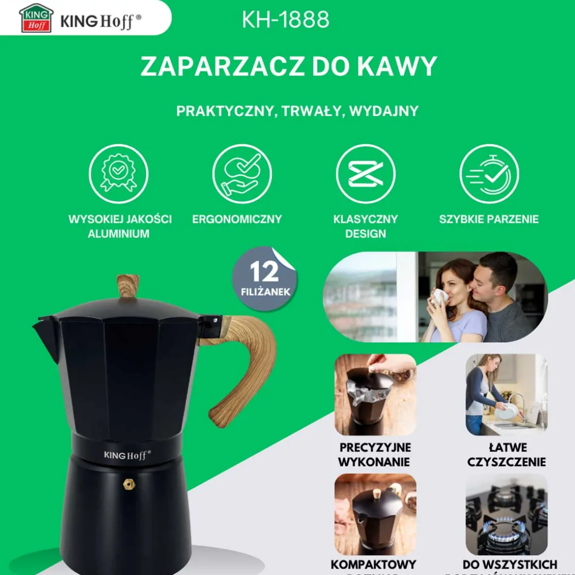 KAWIARKA ZAPARZACZ DO KAWY 600ml KINGHOFF KH-1888 INDUKCJA