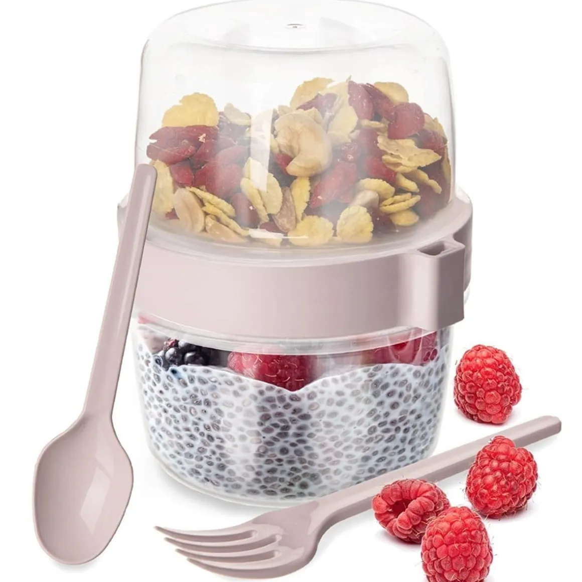 KUBEK POJEMNIK 370 ml Z ŁYŻECZKĄ i WIDELCEM NA JOGURT MUSLI SAŁATKĘ 121784