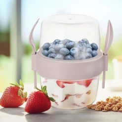 KUBEK POJEMNIK 370 ml Z ŁYŻECZKĄ i WIDELCEM NA JOGURT MUSLI SAŁATKĘ 121784