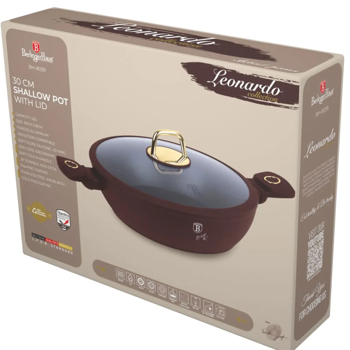 PŁASKI GARNEK TYTANOWY Z POKRYWĄ 30cm BERLINGER HAUS BH-8039 LEONARDO