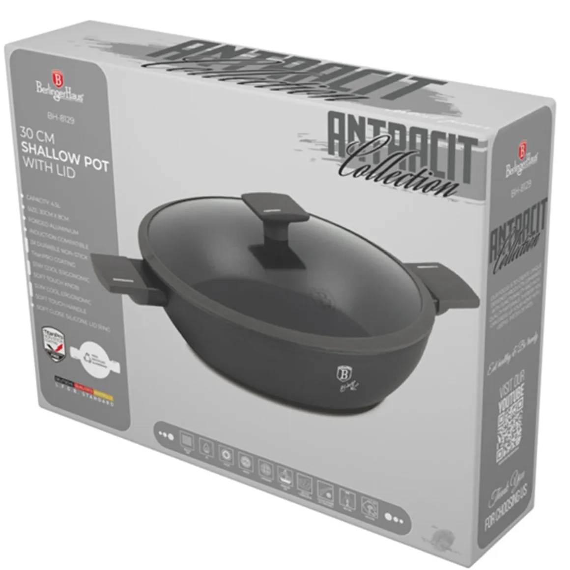 PŁASKI GARNEK TYTANOWY Z POKRYWĄ 30cm BERLINGER HAUS BH-8129 ANTRACIT