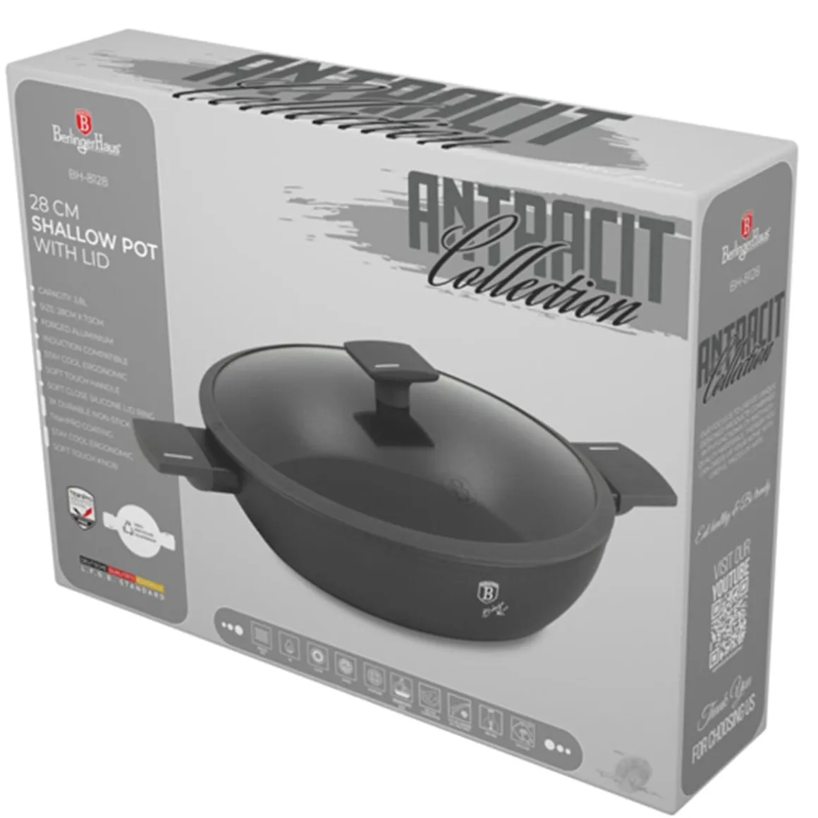PŁASKI GARNEK TYTANOWY Z POKRYWĄ 28cm BERLINGER HAUS BH-8128 ANTRACIT