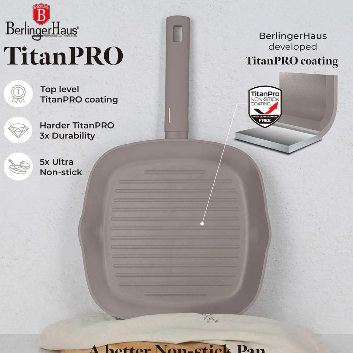 PATELNIA GRILLOWA TYTANOWA 28cm BERLINGER HAUS BH-8096 TAUPE