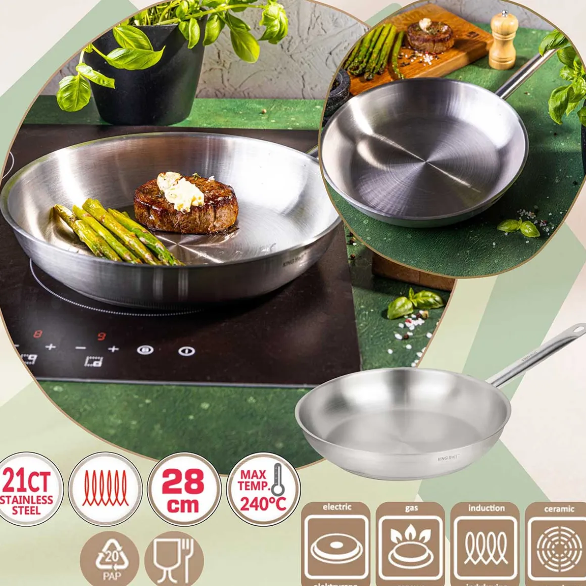 PATELNIA ZE STALI NIERDZEWNEJ 21CT 28cm KINGHOFF KH-2020 GASTRO