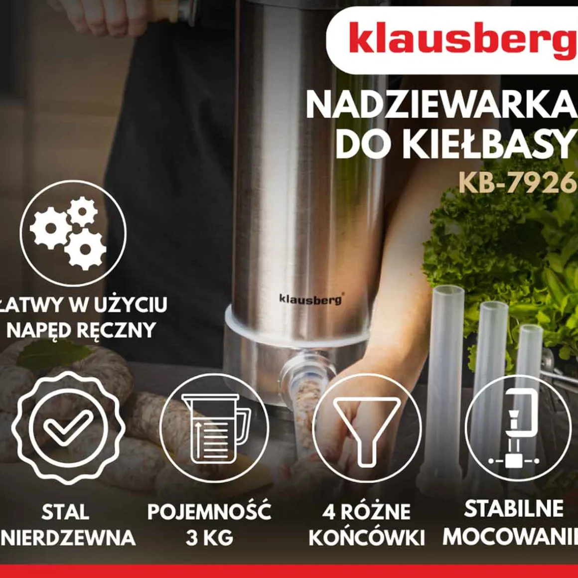 RĘCZNA NADZIEWARKA DO KIEŁBASY 3kg KLAUSBERG KB-7926 PIONOWA