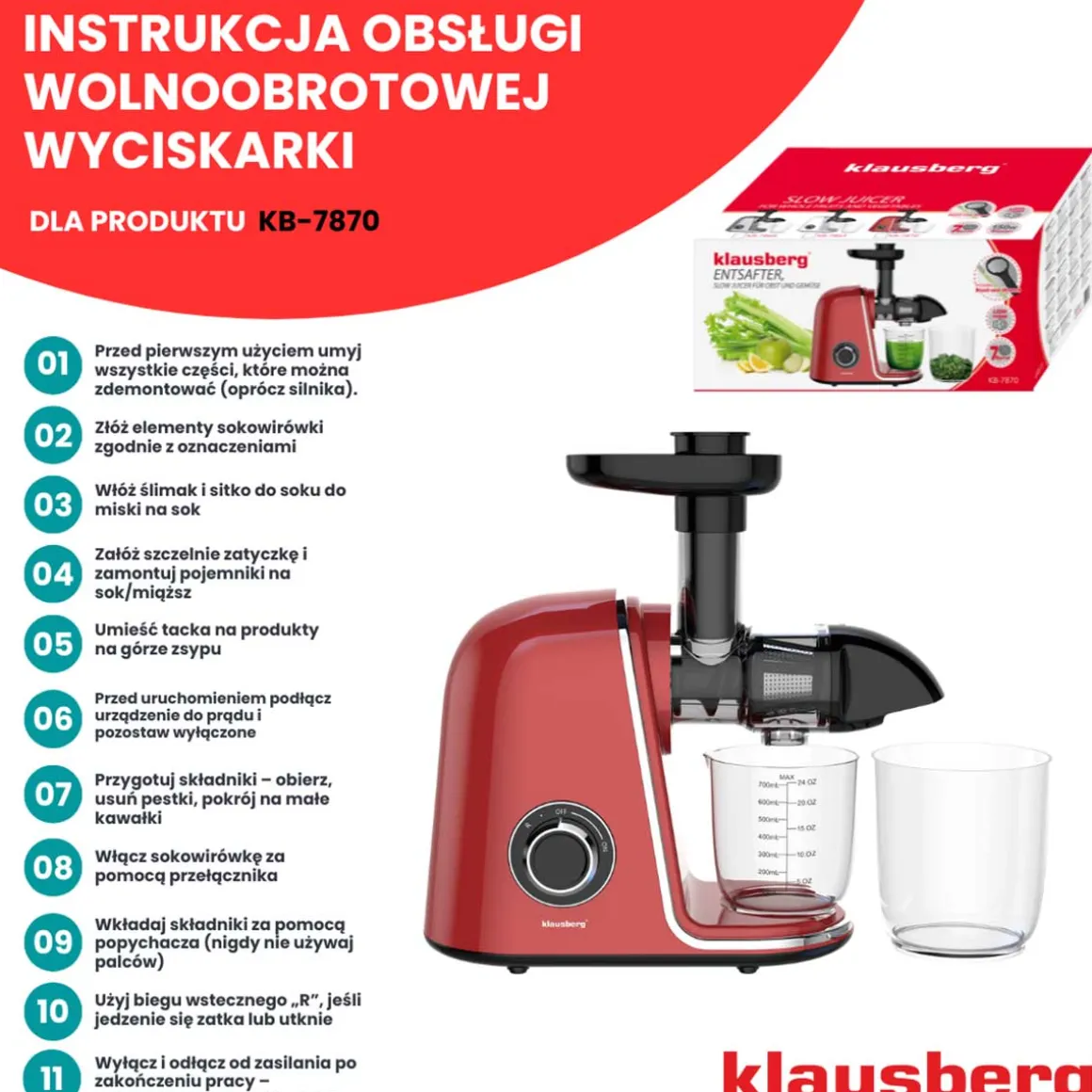 SOKOWIRÓWKA WYCISKARKA WOLNOOBROTOWA KLAUSBERG KB-7870