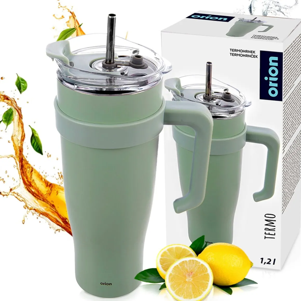 STALOWY KUBEK TERMICZNY TERMOS 1200ml Z RĄCZKĄ I SŁOMKĄ ORION 112282 MIĘTOWY