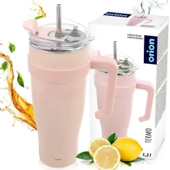 STALOWY KUBEK TERMICZNY TERMOS 1200ml Z RĄCZKĄ I SŁOMKĄ ORION 112283 RÓŻOWY