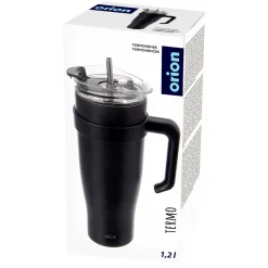 STALOWY KUBEK TERMICZNY TERMOS 1200ml Z RĄCZKĄ I SŁOMKĄ ORION 112284 CZARNY