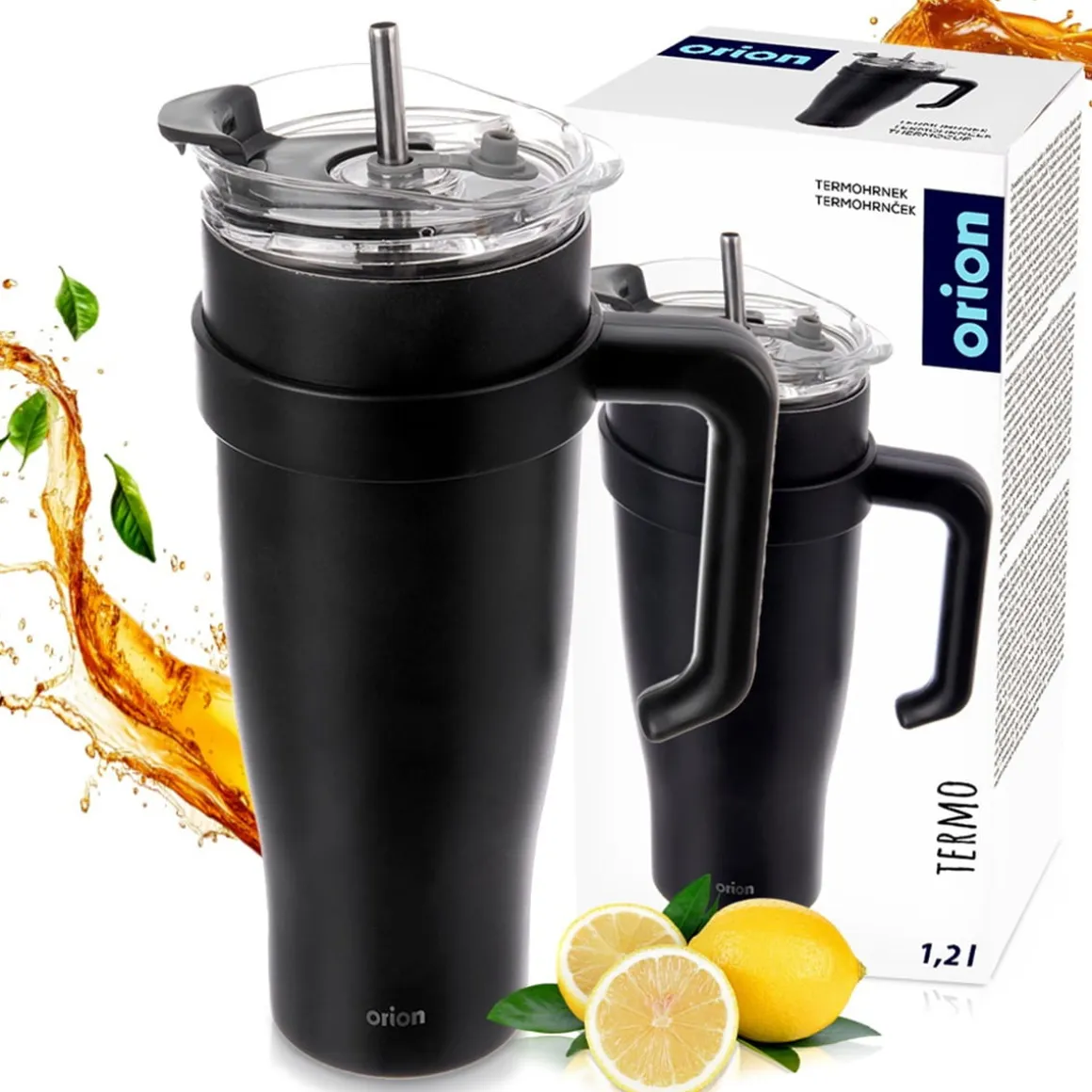 STALOWY KUBEK TERMICZNY TERMOS 1200ml Z RĄCZKĄ I SŁOMKĄ ORION 112284 CZARNY