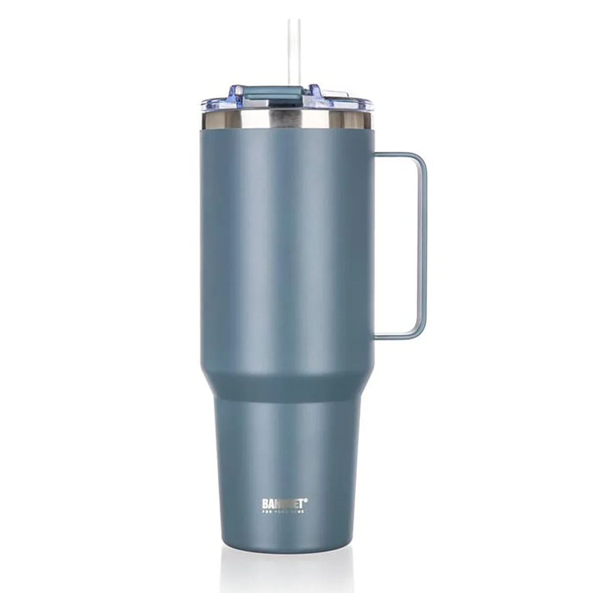 STALOWY KUBEK TERMICZNY TERMOS 1200ml Z RĄCZKĄ I SŁOMKĄ BANQUET TWAIN SZARY