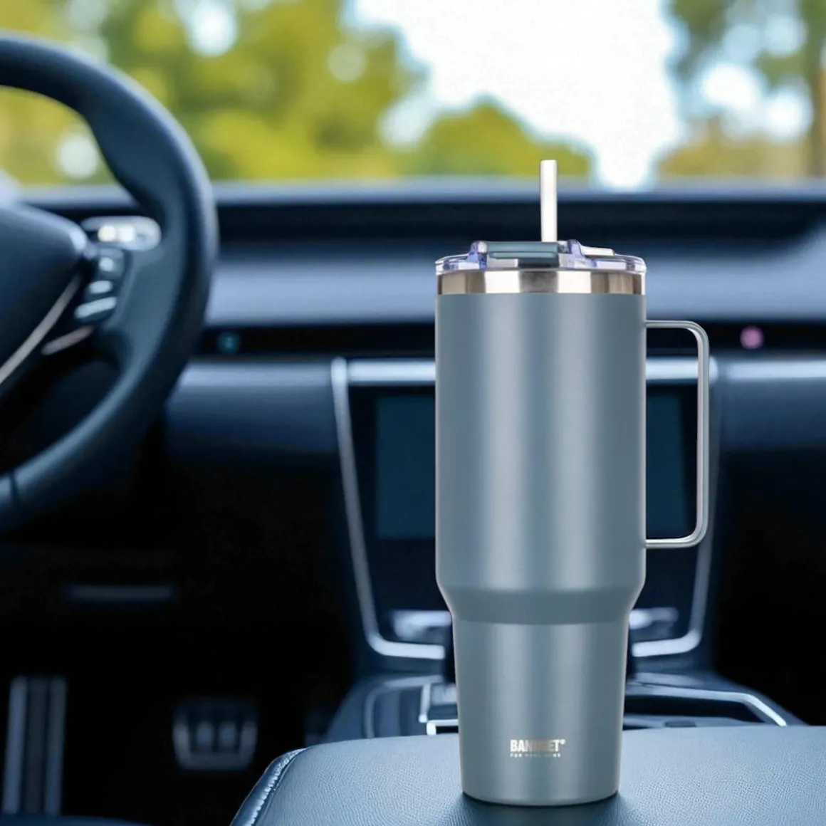 STALOWY KUBEK TERMICZNY TERMOS 1200ml Z RĄCZKĄ I SŁOMKĄ BANQUET TWAIN SZARY
