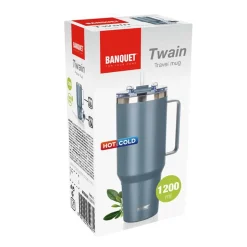 STALOWY KUBEK TERMICZNY TERMOS 1200ml Z RĄCZKĄ I SŁOMKĄ BANQUET TWAIN SZARY