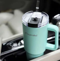 STALOWY KUBEK TERMICZNY TERMOS 1200ml Z RĄCZKĄ I SŁOMKĄ KM-2175