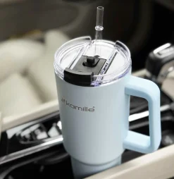 STALOWY KUBEK TERMICZNY TERMOS 1200ml Z RĄCZKĄ I SŁOMKĄ KM-2174
