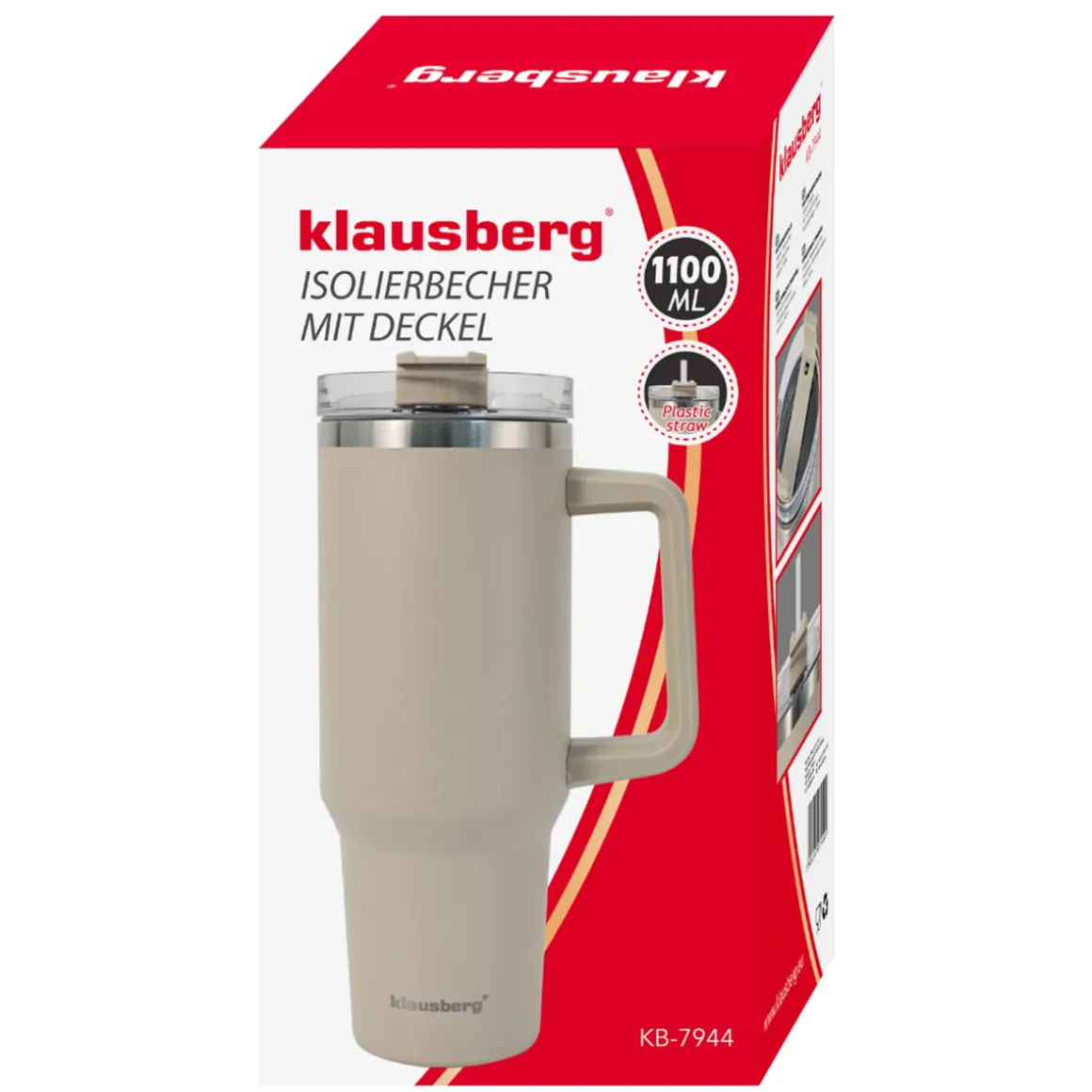 STALOWY KUBEK TERMICZNY XXL TERMOS 1100ml Z RĄCZKĄ I SŁOMKĄ KLAUSBERG KB-7944