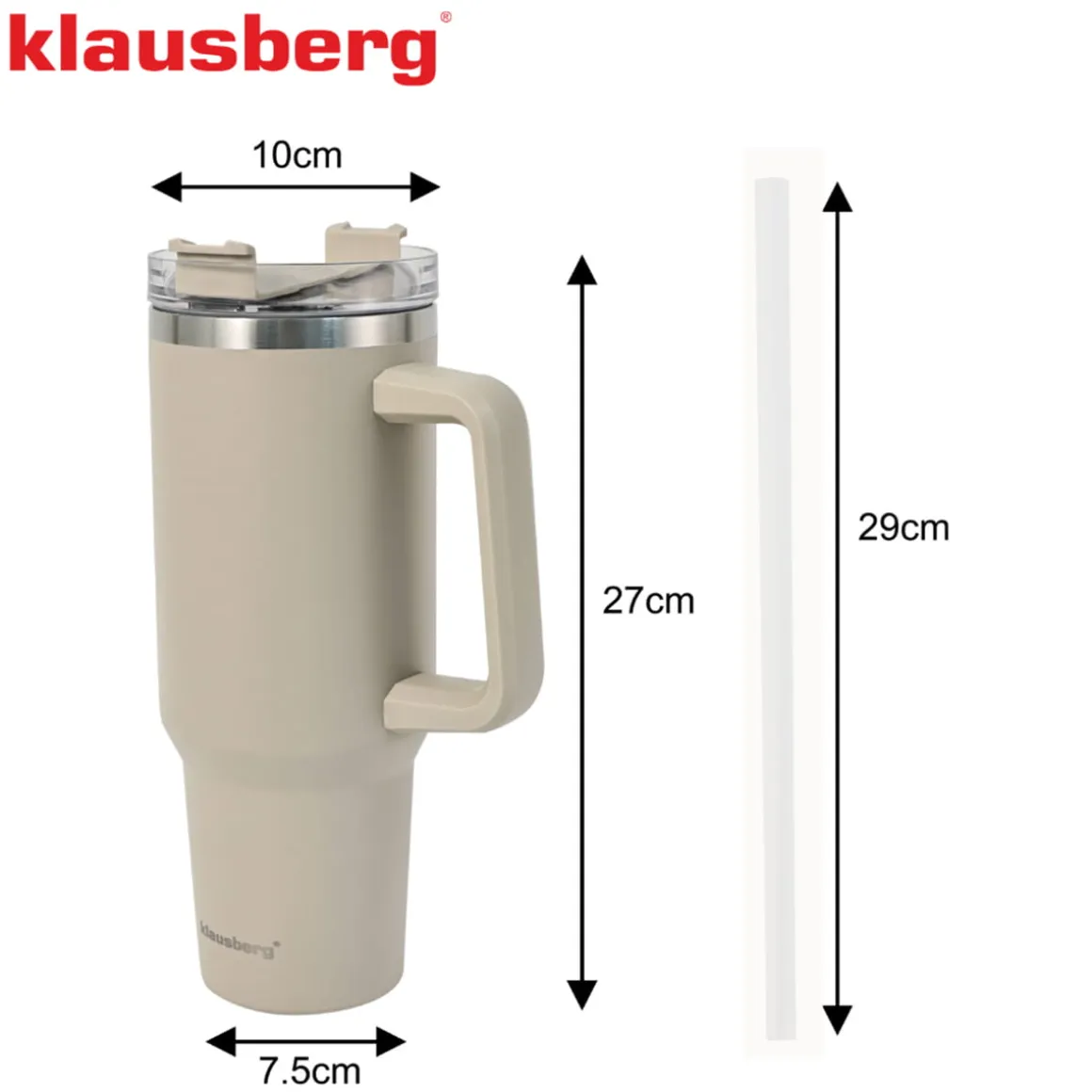 STALOWY KUBEK TERMICZNY XXL TERMOS 1100ml Z RĄCZKĄ I SŁOMKĄ KLAUSBERG KB-7944