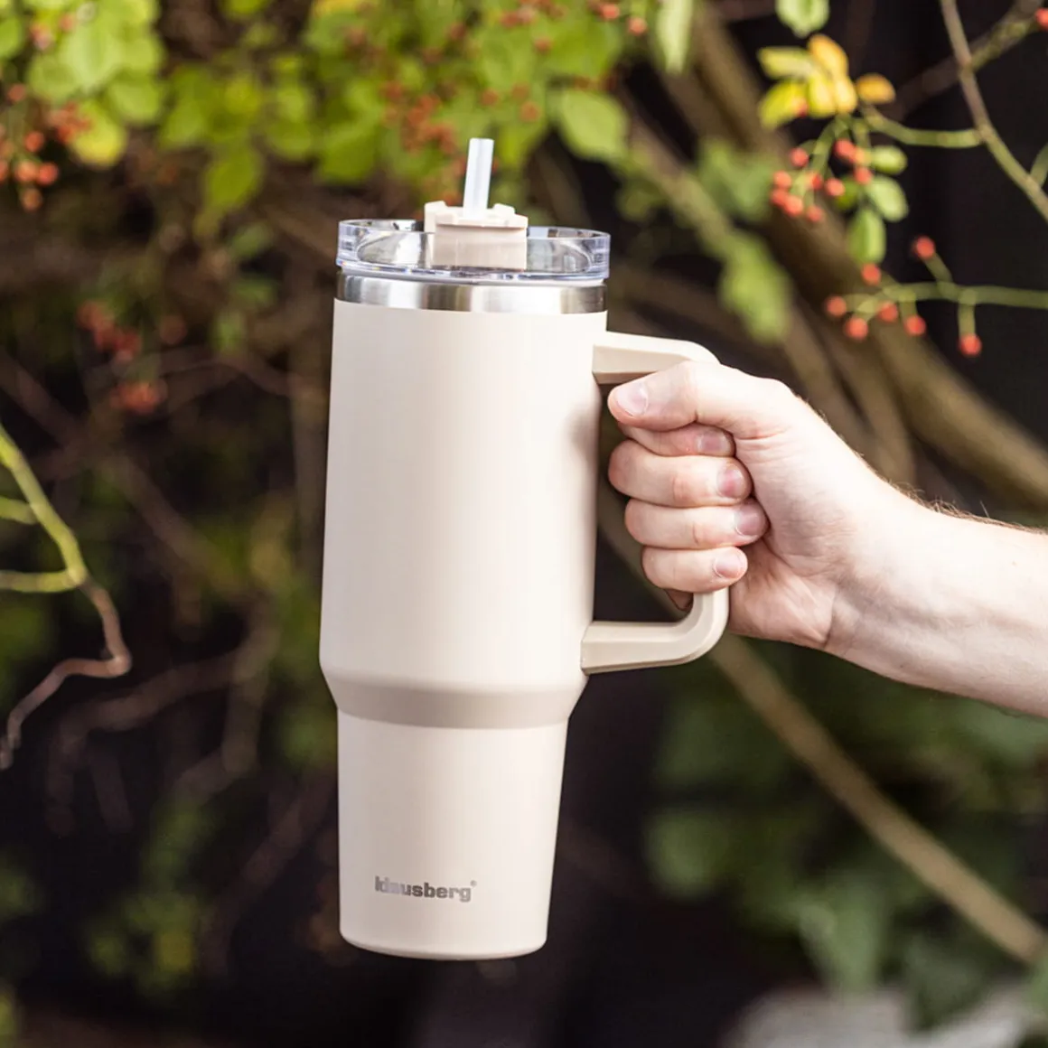 STALOWY KUBEK TERMICZNY XXL TERMOS 1100ml Z RĄCZKĄ I SŁOMKĄ KLAUSBERG KB-7944