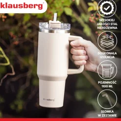 STALOWY KUBEK TERMICZNY XXL TERMOS 1100ml Z RĄCZKĄ I SŁOMKĄ KLAUSBERG KB-7944