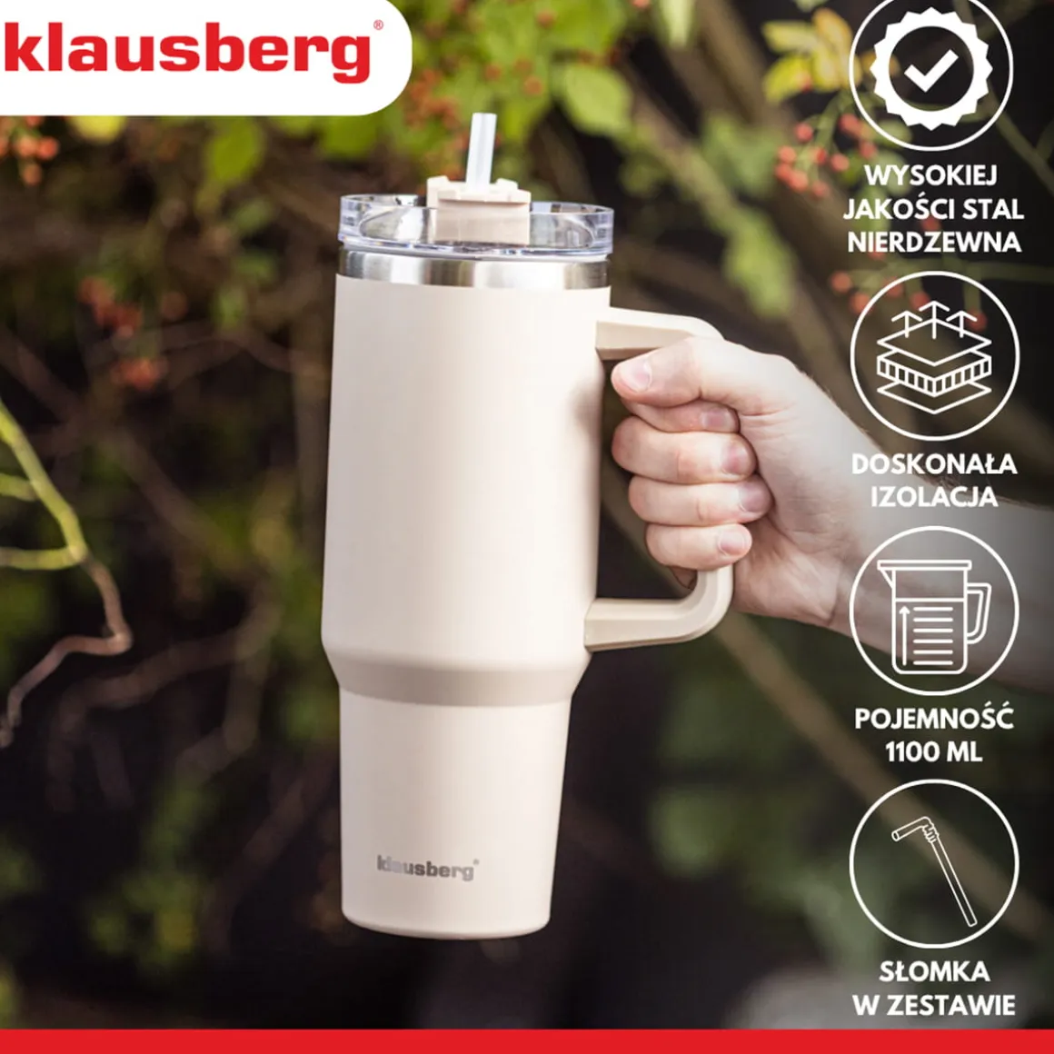 STALOWY KUBEK TERMICZNY XXL TERMOS 1100ml Z RĄCZKĄ I SŁOMKĄ KLAUSBERG KB-7944