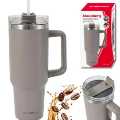 STALOWY KUBEK TERMICZNY XXL TERMOS 1100ml Z RĄCZKĄ I SŁOMKĄ KLAUSBERG KB-7943