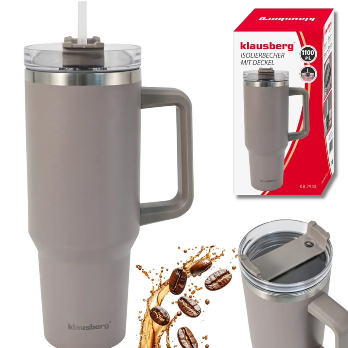 STALOWY KUBEK TERMICZNY XXL TERMOS 1100ml Z RĄCZKĄ I SŁOMKĄ KLAUSBERG KB-7943