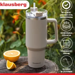 STALOWY KUBEK TERMICZNY XXL TERMOS 1100ml Z RĄCZKĄ I SŁOMKĄ KLAUSBERG KB-7943
