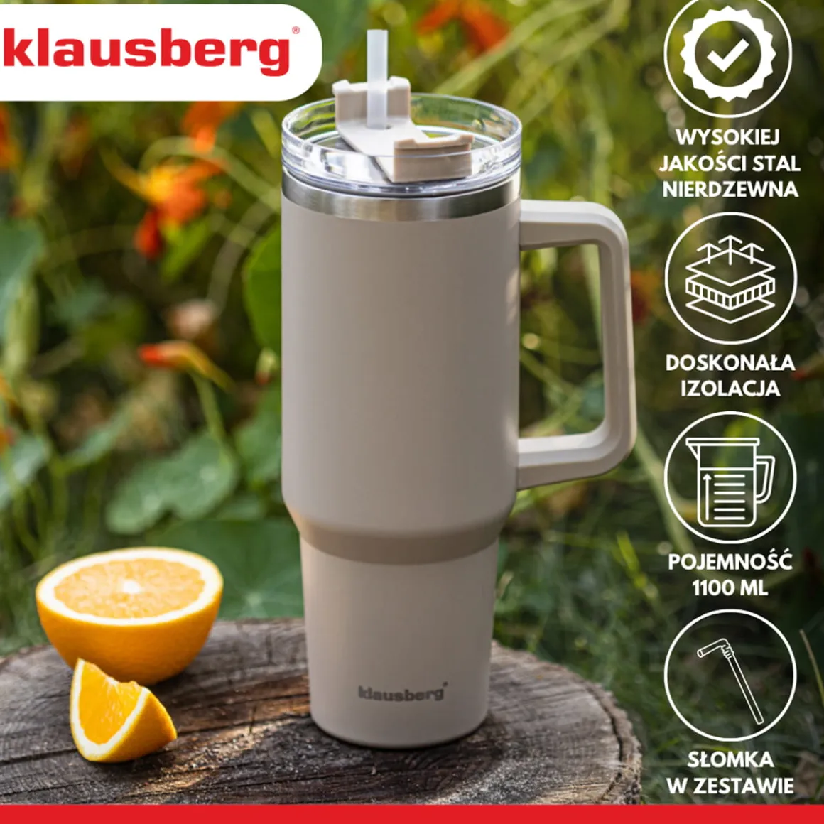 STALOWY KUBEK TERMICZNY XXL TERMOS 1100ml Z RĄCZKĄ I SŁOMKĄ KLAUSBERG KB-7943