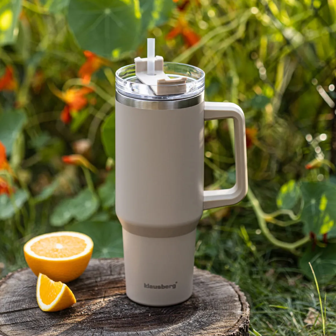 STALOWY KUBEK TERMICZNY XXL TERMOS 1100ml Z RĄCZKĄ I SŁOMKĄ KLAUSBERG KB-7943