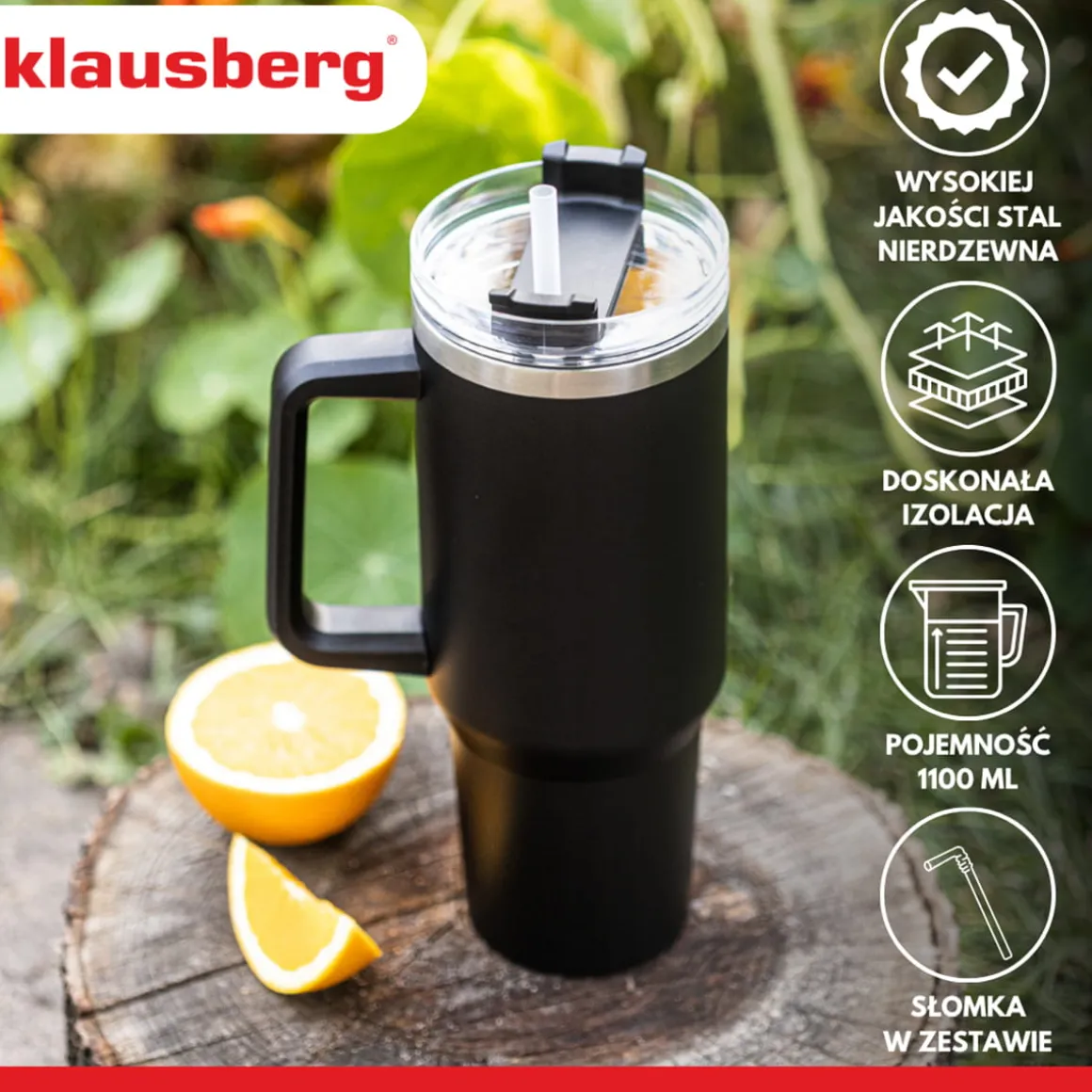 STALOWY KUBEK TERMICZNY XXL TERMOS 1100ml Z RĄCZKĄ I SŁOMKĄ KLAUSBERG KB-7942