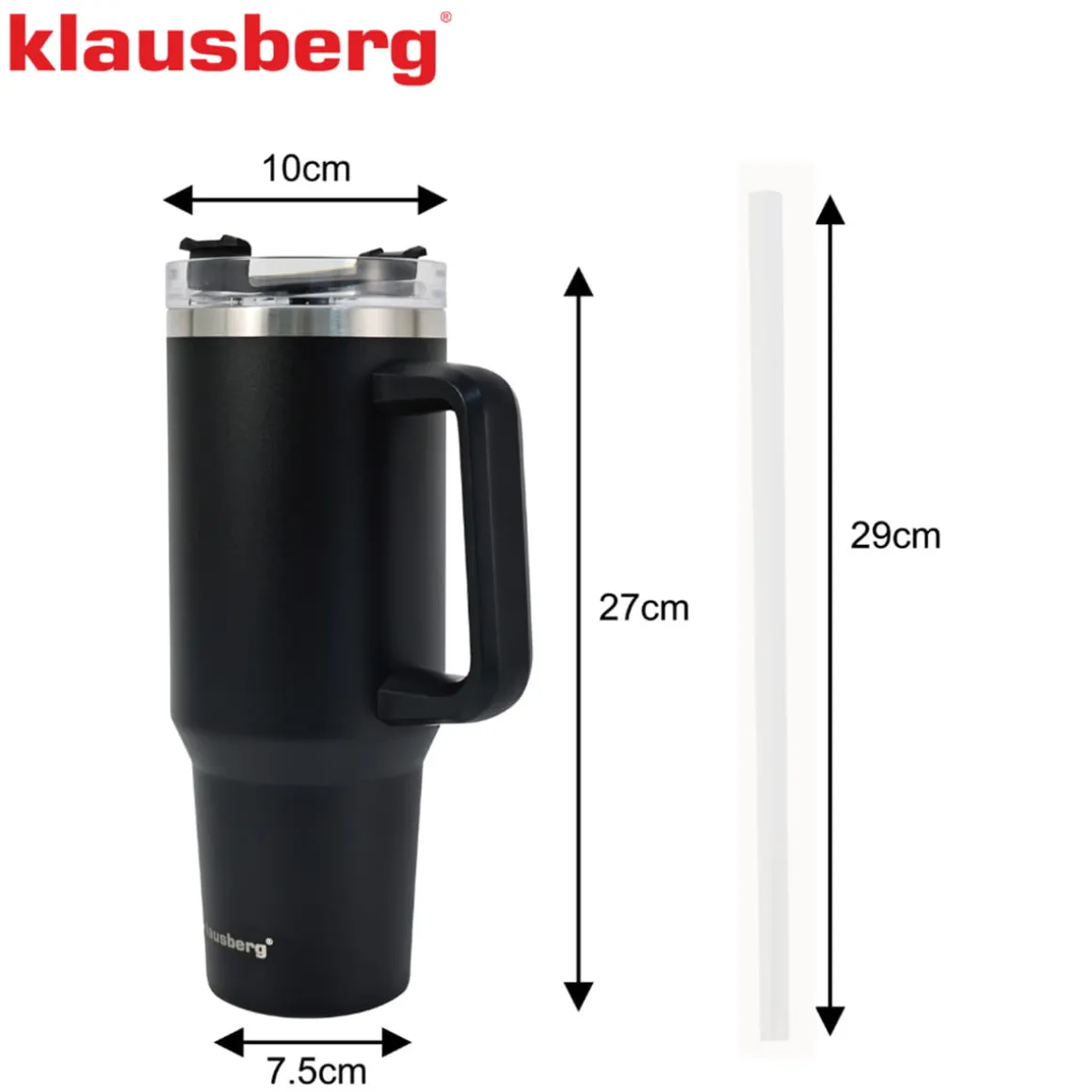STALOWY KUBEK TERMICZNY XXL TERMOS 1100ml Z RĄCZKĄ I SŁOMKĄ KLAUSBERG KB-7942