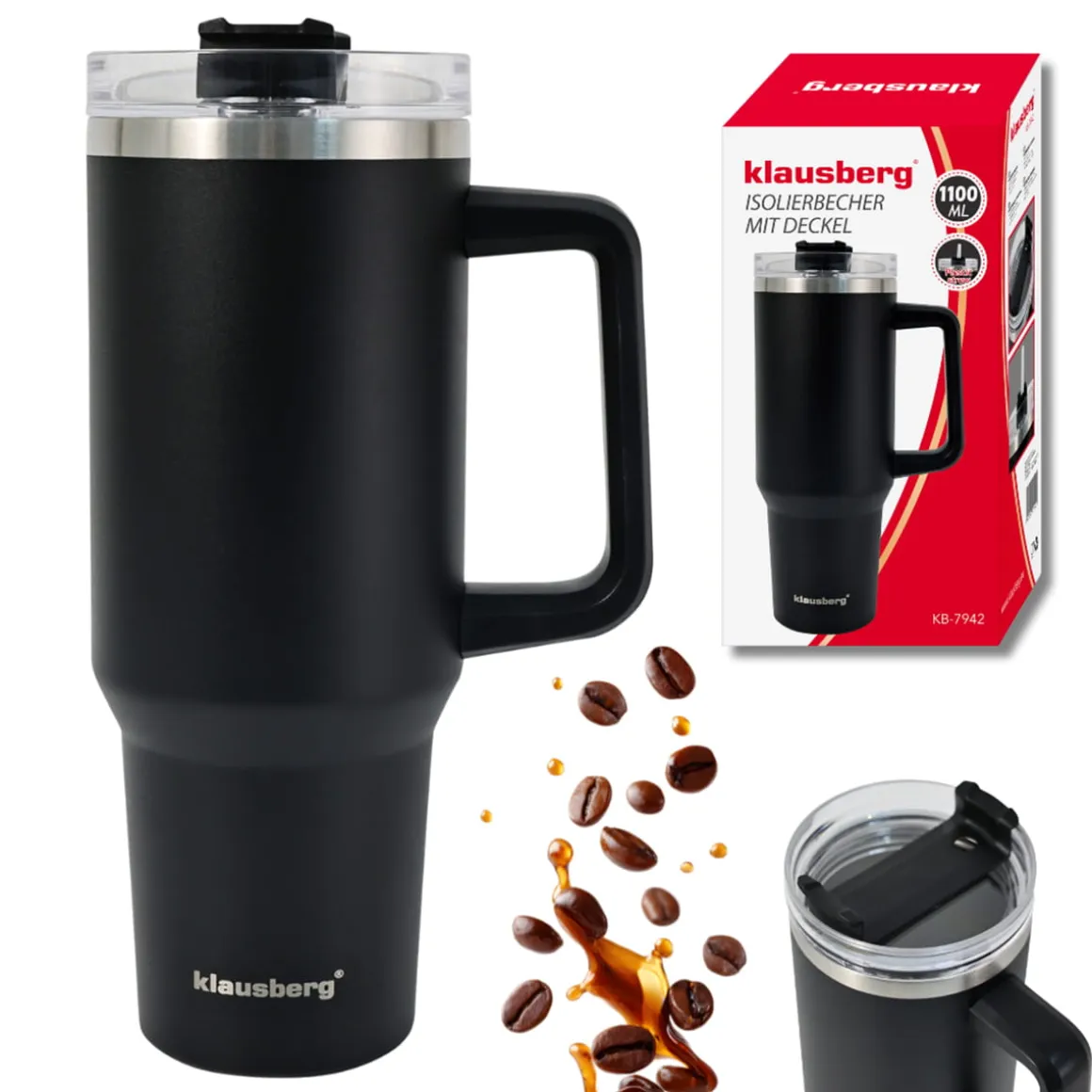STALOWY KUBEK TERMICZNY XXL TERMOS 1100ml Z RĄCZKĄ I SŁOMKĄ KLAUSBERG KB-7942